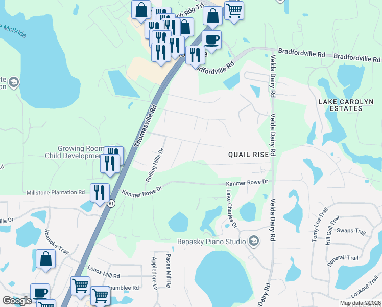 map of restaurants, bars, coffee shops, grocery stores, and more near 6121 Graypell Trail in Tallahassee