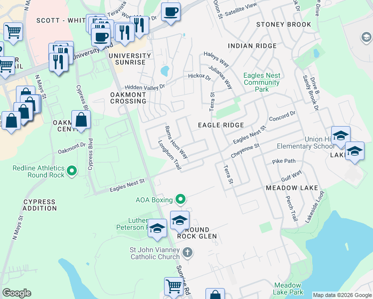 map of restaurants, bars, coffee shops, grocery stores, and more near 3516 Rams Horn Way in Round Rock
