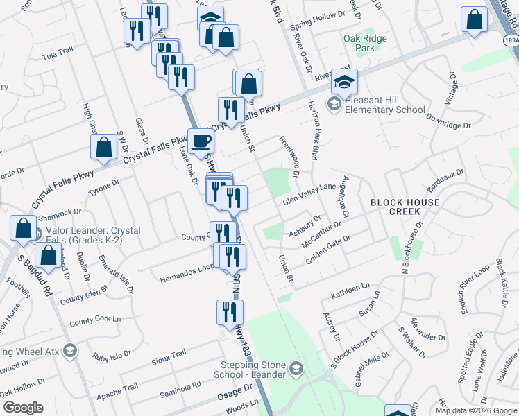 map of restaurants, bars, coffee shops, grocery stores, and more near 109 Lombard Drive in Leander