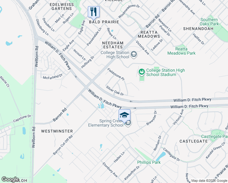 map of restaurants, bars, coffee shops, grocery stores, and more near 2804 Silver Oak Drive in College Station