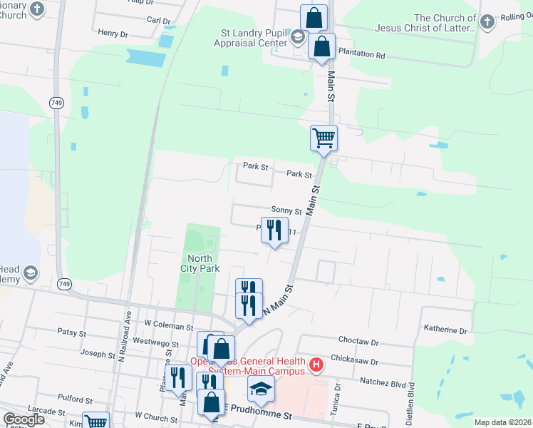map of restaurants, bars, coffee shops, grocery stores, and more near 203-399 Magnolia St in Opelousas