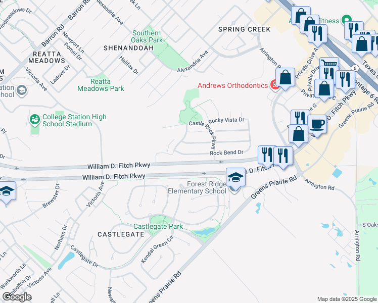 map of restaurants, bars, coffee shops, grocery stores, and more near 4231 Rock Bend Drive in College Station