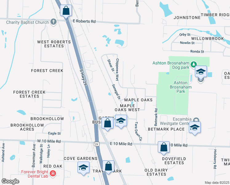 map of restaurants, bars, coffee shops, grocery stores, and more near 10513 Senegal Drive in Pensacola