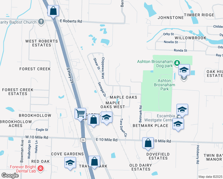 map of restaurants, bars, coffee shops, grocery stores, and more near 10477 River Birch Drive in Pensacola