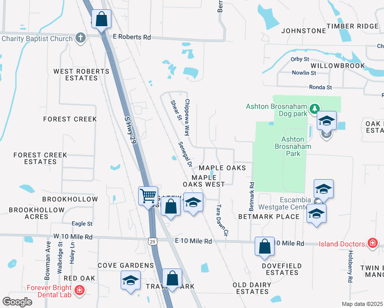 map of restaurants, bars, coffee shops, grocery stores, and more near 206 Cohasset Court in Pensacola