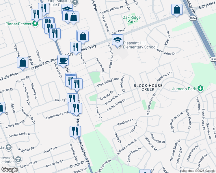 map of restaurants, bars, coffee shops, grocery stores, and more near 405 Fairfield Loop in Leander