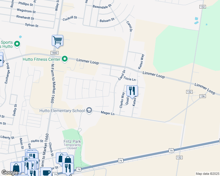 map of restaurants, bars, coffee shops, grocery stores, and more near Seaholm Lane in Hutto