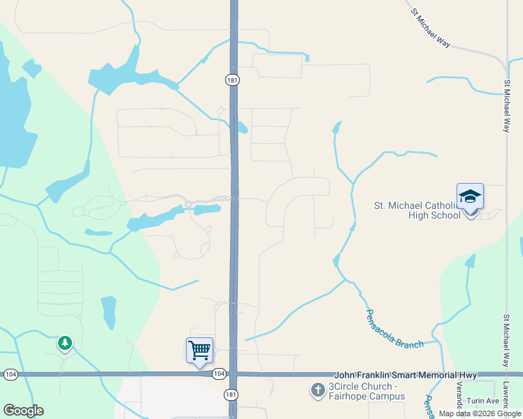 map of restaurants, bars, coffee shops, grocery stores, and more near 22510 Alabama 181 in Fairhope