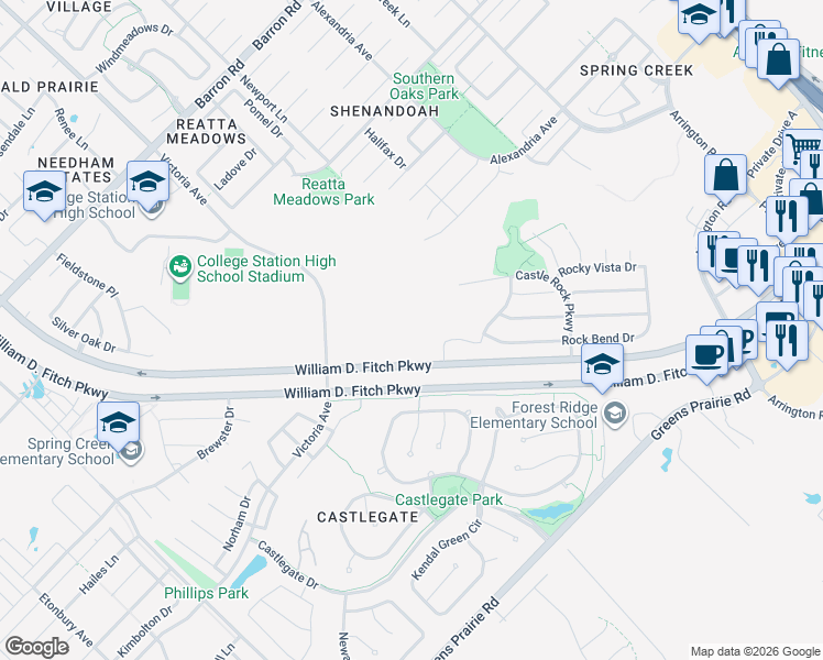 map of restaurants, bars, coffee shops, grocery stores, and more near 531 William D. Fitch Parkway in College Station