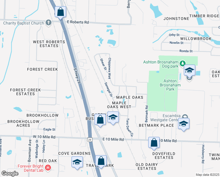 map of restaurants, bars, coffee shops, grocery stores, and more near 10514 Senegal Drive in Pensacola
