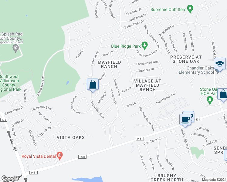 map of restaurants, bars, coffee shops, grocery stores, and more near 3720 Cerulean Way in Round Rock