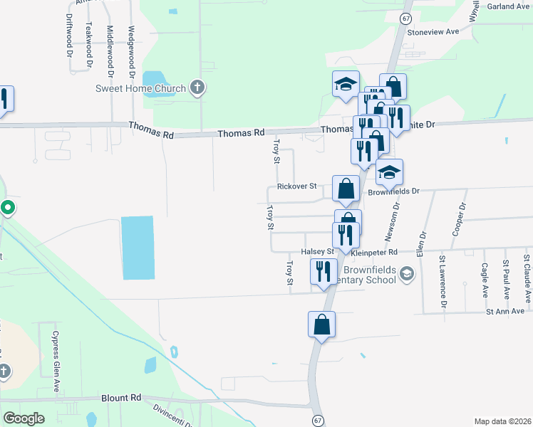 map of restaurants, bars, coffee shops, grocery stores, and more near 12021 Troy Street in Baton Rouge