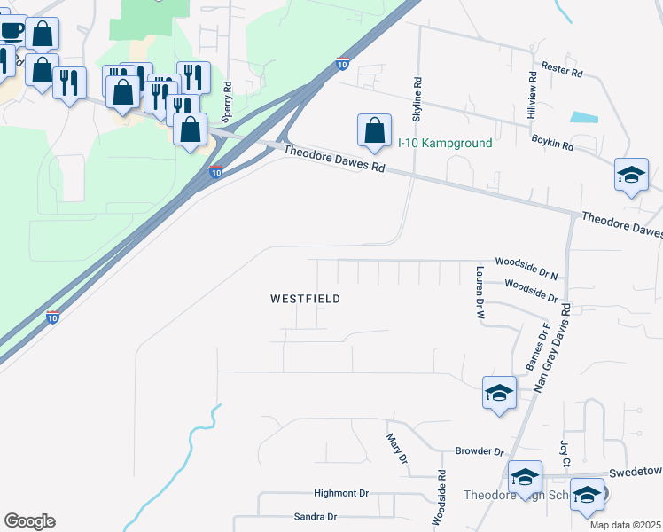 map of restaurants, bars, coffee shops, grocery stores, and more near 6692 Woodside Dr N in Theodore