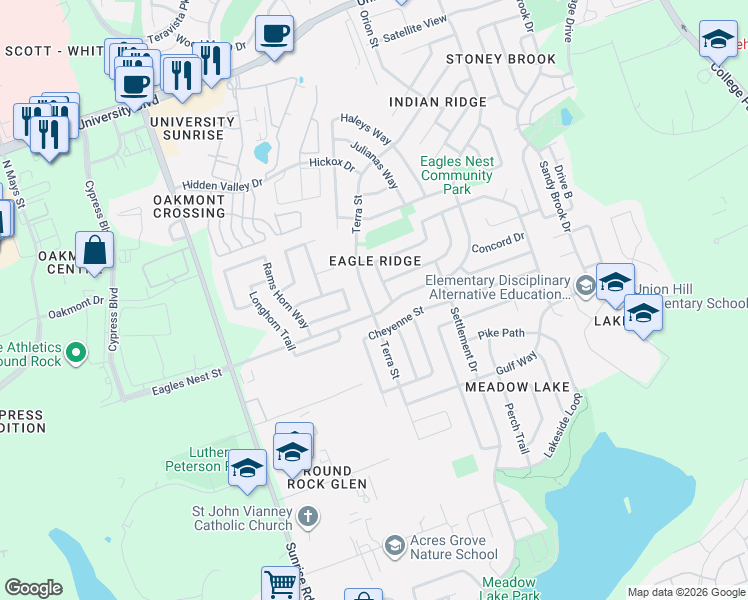 map of restaurants, bars, coffee shops, grocery stores, and more near 1114 Terra Street in Round Rock