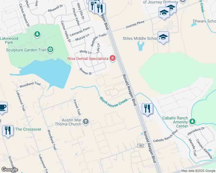 map of restaurants, bars, coffee shops, grocery stores, and more near 14951 Ronald Reagan Boulevard in Leander