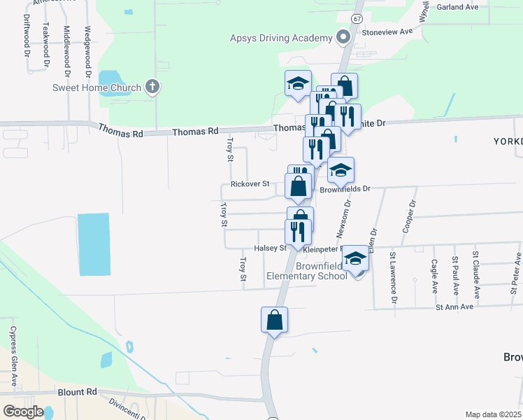 map of restaurants, bars, coffee shops, grocery stores, and more near 5525 Devore Drive in Baton Rouge