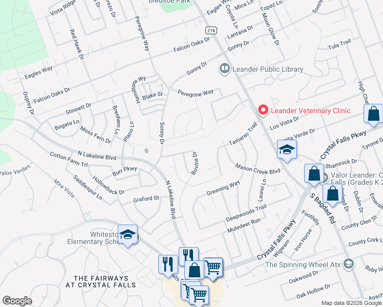 map of restaurants, bars, coffee shops, grocery stores, and more near 1400 Bovina Drive in Leander