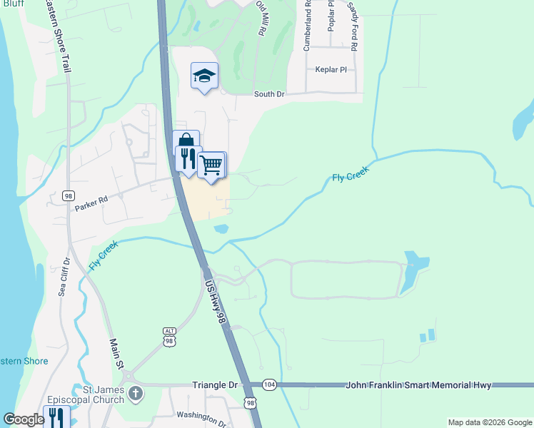 map of restaurants, bars, coffee shops, grocery stores, and more near 7740 Parker Road in Fairhope