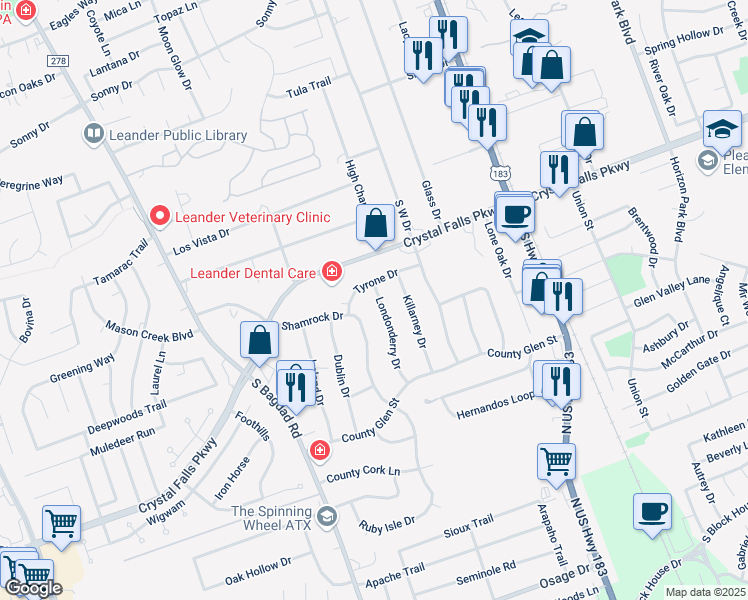 map of restaurants, bars, coffee shops, grocery stores, and more near 502 Tyrone Drive in Leander