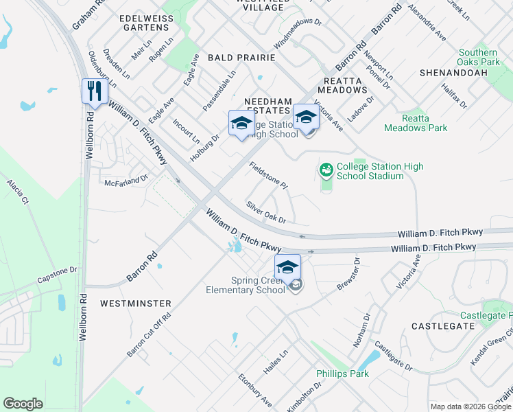 map of restaurants, bars, coffee shops, grocery stores, and more near 2720 Silver Oak Drive in College Station