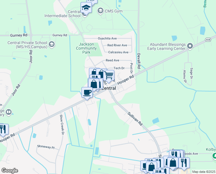 map of restaurants, bars, coffee shops, grocery stores, and more near 11526 Sullivan Road in Baton Rouge