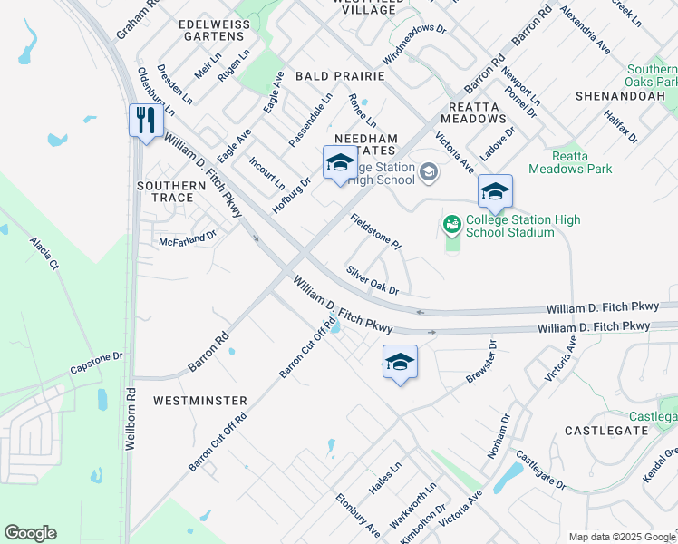 map of restaurants, bars, coffee shops, grocery stores, and more near 2730 Silver Oak Drive in College Station