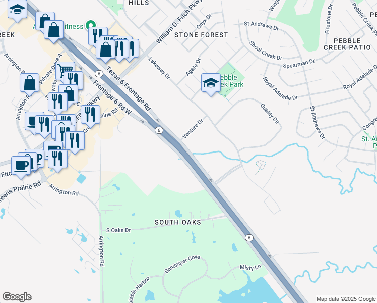 map of restaurants, bars, coffee shops, grocery stores, and more near Frontage 6 Road East in College Station