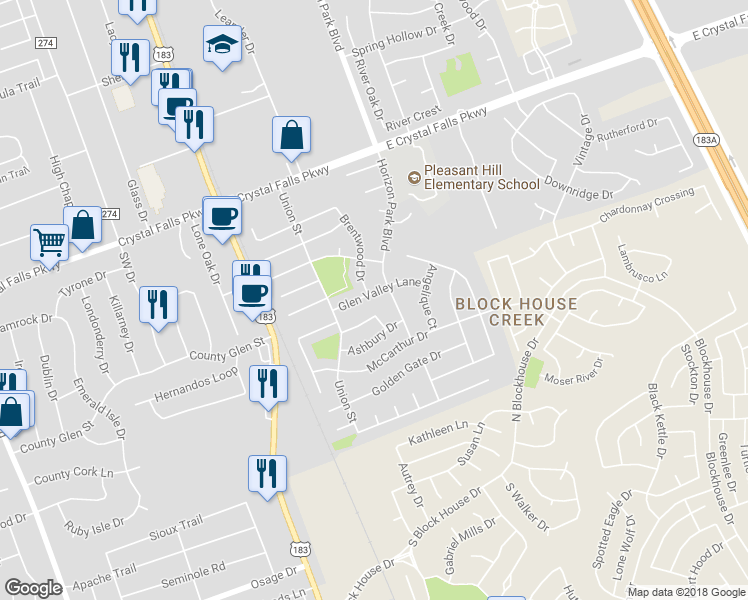 map of restaurants, bars, coffee shops, grocery stores, and more near 404 Glen Valley Lane in Leander