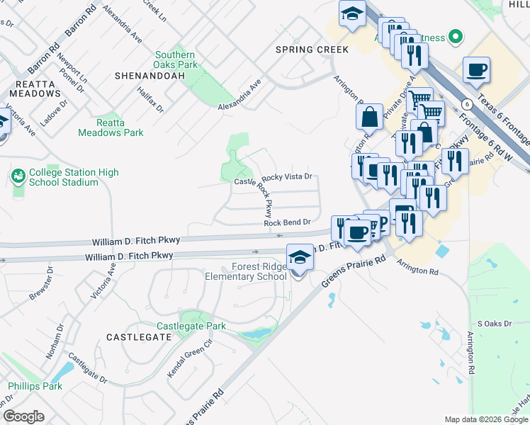 map of restaurants, bars, coffee shops, grocery stores, and more near 4241 Rocky Rhodes Drive in College Station
