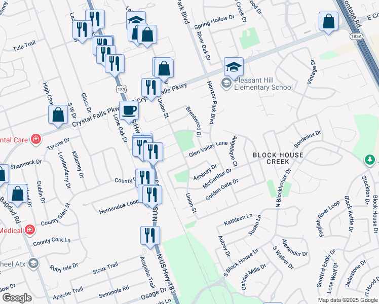 map of restaurants, bars, coffee shops, grocery stores, and more near 305 Glen Valley Lane in Leander