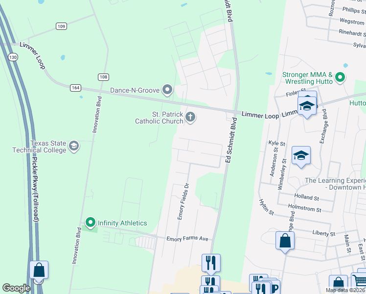 map of restaurants, bars, coffee shops, grocery stores, and more near 431 Farm Creek Cove in Hutto