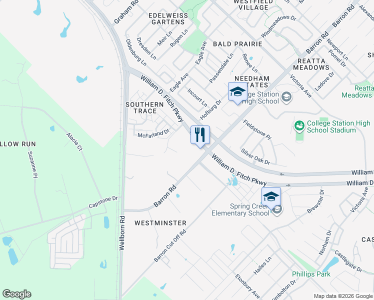 map of restaurants, bars, coffee shops, grocery stores, and more near 2970 Barron Road in College Station