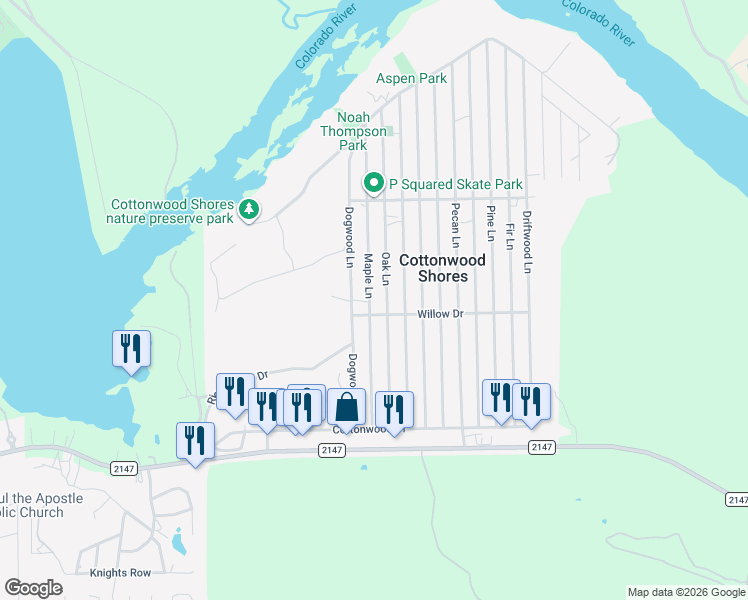map of restaurants, bars, coffee shops, grocery stores, and more near 714 Oak Lane in Cottonwood Shores