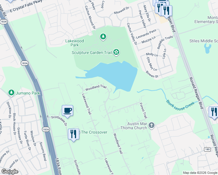 map of restaurants, bars, coffee shops, grocery stores, and more near 140 Woodland Trail in Leander