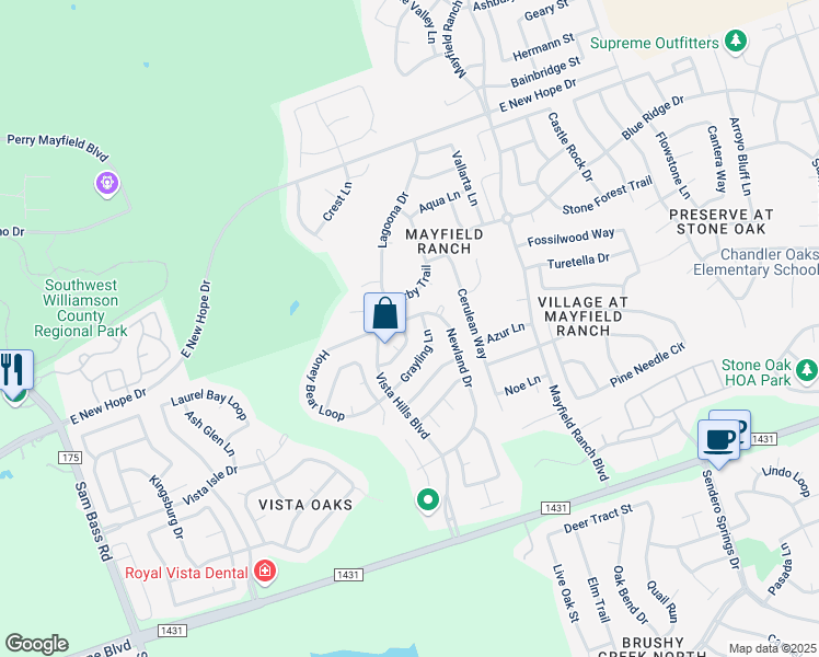 map of restaurants, bars, coffee shops, grocery stores, and more near 3909 Shaker Lane in Round Rock