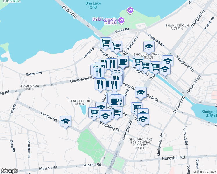 map of restaurants, bars, coffee shops, grocery stores, and more near Sha Hu Da Dao in Wu Han Shi