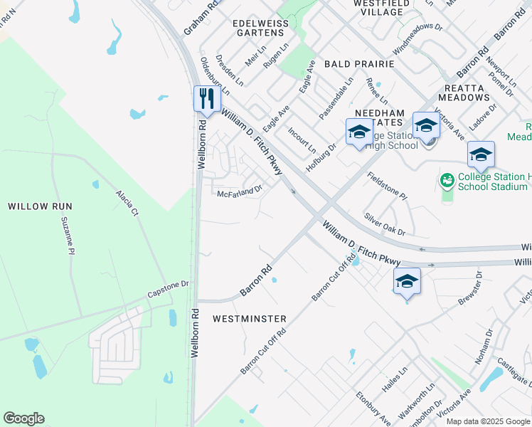 map of restaurants, bars, coffee shops, grocery stores, and more near 3006 Norton Lane in College Station