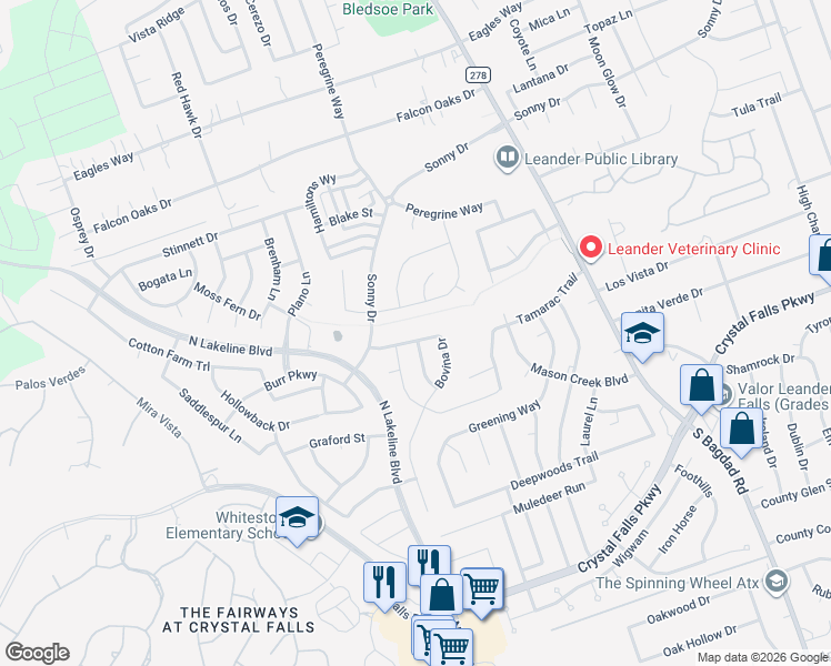 map of restaurants, bars, coffee shops, grocery stores, and more near 1401 Macfarland Street in Leander