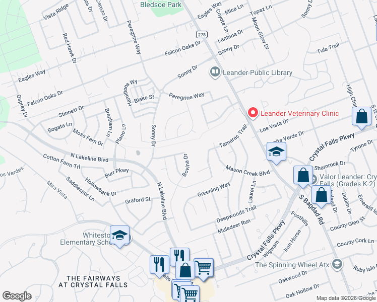 map of restaurants, bars, coffee shops, grocery stores, and more near 1400 Bovina Drive in Leander