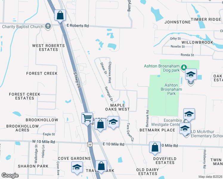 map of restaurants, bars, coffee shops, grocery stores, and more near 10548 Senegal Drive in Pensacola