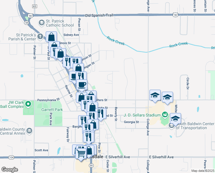 map of restaurants, bars, coffee shops, grocery stores, and more near 22625 Mattingly Street in Robertsdale