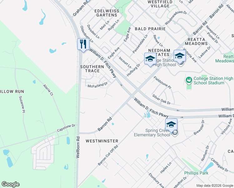 map of restaurants, bars, coffee shops, grocery stores, and more near 2970 Barron Road in College Station