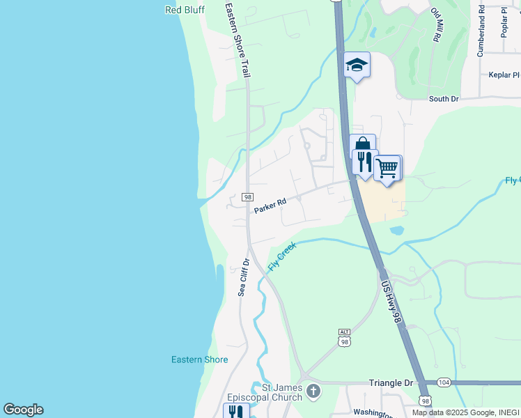 map of restaurants, bars, coffee shops, grocery stores, and more near 7244 Parker Road in Fairhope