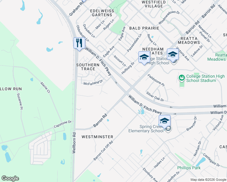 map of restaurants, bars, coffee shops, grocery stores, and more near 2970 Barron Road in College Station