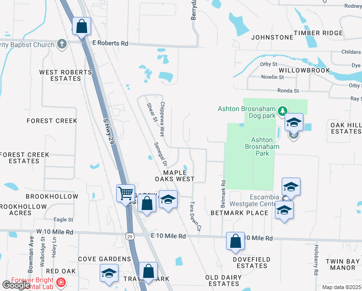 map of restaurants, bars, coffee shops, grocery stores, and more near 11117 Chippewa Way in Pensacola