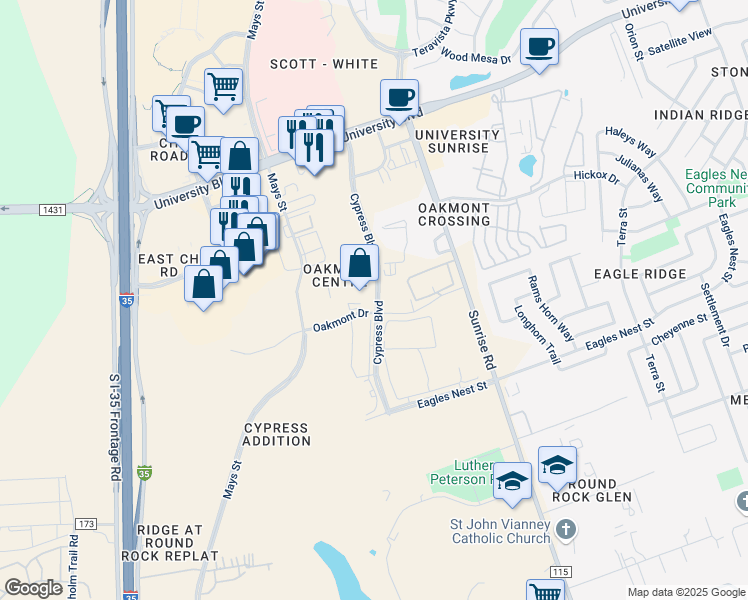 map of restaurants, bars, coffee shops, grocery stores, and more near 54 Cypress Blvd in Round Rock