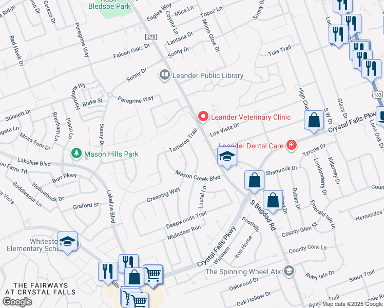 map of restaurants, bars, coffee shops, grocery stores, and more near 1512 Parkwood Drive in Leander