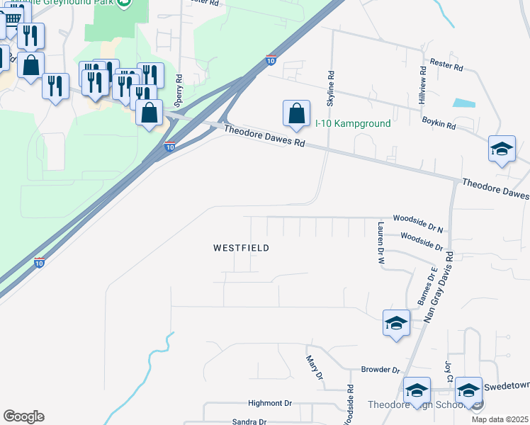 map of restaurants, bars, coffee shops, grocery stores, and more near 6692 Woodside Drive North in Theodore