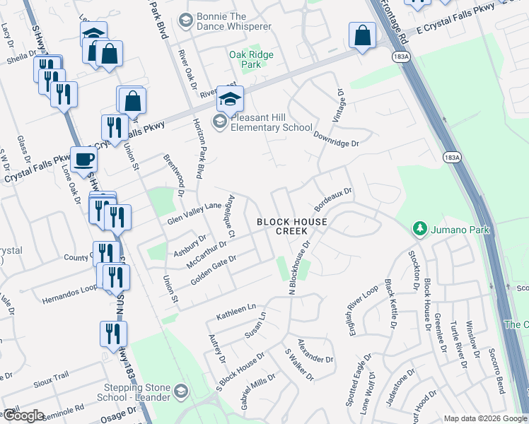 map of restaurants, bars, coffee shops, grocery stores, and more near 2006 Fall Creek Drive in Leander