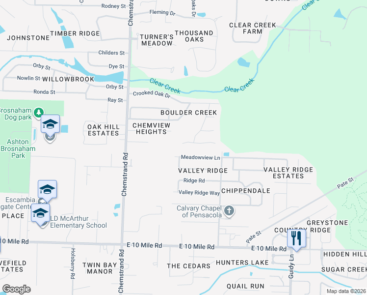 map of restaurants, bars, coffee shops, grocery stores, and more near 821 Shadow Ridge Drive in Pensacola